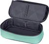 An open mint green pencil case with a gray interior, showing compartments for pens and pencils. Voir les images du produit