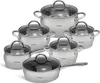 A set of stainless steel pots and pans with glass lids, arranged on a white background. Produktbild-Vorschau