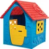 A blue plastic playhouse with a red roof and yellow door and window frames, set against a white background. Náhľad obrázku produktu