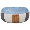 A ceramic bowl with a speckled blue interior and a striped exterior in white and brown. Produktbild-Vorschau