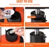 A collage of four images demonstrating how to use a button making machine. Produktbild-Vorschau