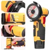 A collage of images showing a cordless angle grinder and its features, with close-ups of its operation and design. Náhľad obrázku produktu
