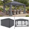 A collage of images showing a gray pergola with curtains, set up in a garden with outdoor furniture, and close-ups of its sides. Náhľad obrázku produktu