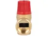 A close-up, front-facing view of a brass safety valve with a red cap, set against a white background. Produktbild-Vorschau
