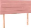 A pink velvet headboard with wooden legs on a white background. Produktbild-Vorschau