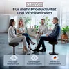 Four people sitting on stools in a modern office setting, with text overlays at the bottom. Produktbild-Vorschau
