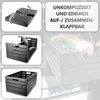 A collage of images showing a foldable storage box in different states of use and assembly, along with marketing text. Produktbild-Vorschau