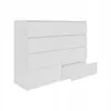 A white dresser with eight drawers, one of which is partially open.