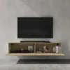 A wall-mounted TV lowboard with a TV and soundbar above it, set against a concrete wall. Produktbild-Vorschau