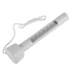 A white pool thermometer with a string attached, lying on a white background. Produktbild-Vorschau