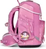 A pink backpack with white stars and a circular image of a cat reading a book. Voir les images du produit