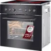 A black electric stove with a glass ceramic cooktop and an oven is shown from a slightly angled front view. Produktbild-Vorschau