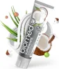A tube of BIOMED SUPERWHITE toothpaste is shown with coconut pieces and green leaves, against a white background with abstract white shapes. Anteprima dell’immagine prodotto