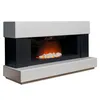 An electric fireplace with a white and black frame, featuring a simulated flame and white decorative stones. Náhled obrázku produktu