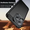 A close-up of a black phone case with a carbon fiber accent, shown at an angle against a blurred desert-like background. Produktbild-Vorschau
