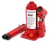 A red hydraulic bottle jack with two red handle pieces on a white background. Voir les images du produit