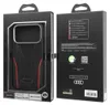 The image shows the front and back of a product box for an Audi phone case. Voir les images du produit