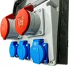 A close-up view of an electrical distribution box with multiple outlets. Produktbild-Vorschau