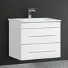 A white bathroom vanity with a sink and faucet against a dark gray wall. Produktbild-Vorschau
