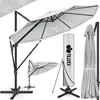A collage of images showing a large gray cantilever umbrella in various states and with accessories. Produktbild-Vorschau