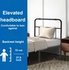 A bed frame with a headboard and a pillow, with marketing text on the left side. Produktbild-Vorschau