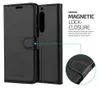A black leather flip phone case is shown with a close-up of its magnetic closure. Náhled obrázku produktu