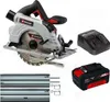 A collage of a circular saw, battery, charger, and guide rails. Produktbild-Vorschau