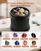 A rock tumbler with various rough stones inside and a display of different types of polished stones below. Náhled obrázku produktu