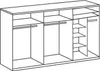 A line drawing of the interior of a wardrobe with multiple compartments, shelves, and hanging rails. Anteprima dell’immagine prodotto