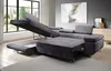 A sectional sofa is shown in a living room setting, with one section pulled out to reveal a storage compartment and a pull-out bed mechanism. Produktbild-Vorschau