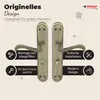 A pair of antique-style door handles with descriptive text and icons highlighting features. Produktbild-Vorschau