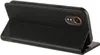 A black leather flip case for a smartphone, shown from a diagonal angle, with the phone partially visible inside. Produktbild-Vorschau