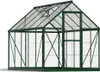 A green aluminum greenhouse with clear glass panels, shown from a front-diagonal angle against a white background. Náhled obrázku produktu