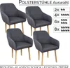 A collage of four dark gray upholstered chairs with wooden legs, accompanied by text and graphics indicating different set sizes. Produktbild-Vorschau