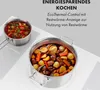 Two pots of food are shown on a white surface, with text describing energy-saving cooking features. Produktbild-Vorschau