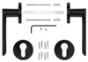 A disassembled set of black door handles and related hardware, laid out on a white background. Produktbild-Vorschau