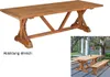 A wooden table and bench set is shown in a lifestyle setting, with a separate image of just the table on a white background. Produktbild-Vorschau