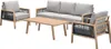 A four-piece outdoor lounge set consisting of a sofa, two armchairs, and a coffee table, presented on a white background. Produktbild-Vorschau