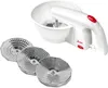 A white electric food processor with three stainless steel discs is displayed against a white background. Voir les images du produit