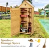 A wooden garden shed with its door open, displaying various tools and gardening items inside. The shed is set in a grassy backyard with a fence and houses in the background. A collage of gardening tools and accessories is shown at the bottom. Podgląd zdjęcia produktu