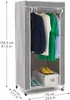A grey mobile wardrobe with clothes hanging inside and shoes on a shelf below. Dimensions are shown with text overlays. Anteprima dell’immagine prodotto
