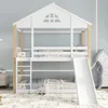 A white and wood bunk bed with a slide and ladder in a child's bedroom. Produktbild-Vorschau