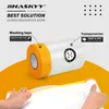 A roll of masking tape with plastic sheeting attached, being held by hands, with marketing text and graphics. Produktbild-Vorschau