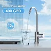 A water faucet dispensing water into a glass, with text overlays highlighting product features. Anteprima dell’immagine prodotto