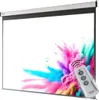 A motorized projector screen with a remote control, displaying a colorful abstract explosion of powder. Produktbild-Vorschau
