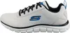 Side view of a white Skechers athletic shoe with black laces and blue accents. Anteprima dell’immagine prodotto