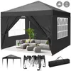 A black pop-up gazebo set up with furniture inside, and smaller images of the gazebo in different states below.