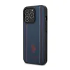 A dark blue iPhone 14 Pro case with red and white stitching and a red U.S. Polo Assn. logo. Produktbild-Vorschau