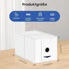 A white storage box is shown on a wooden surface with a white background. Text overlays describe product features and dimensions. Produktbild-Vorschau