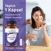 A woman is taking a capsule with a glass of water, next to a product bottle. Produktbild-Vorschau